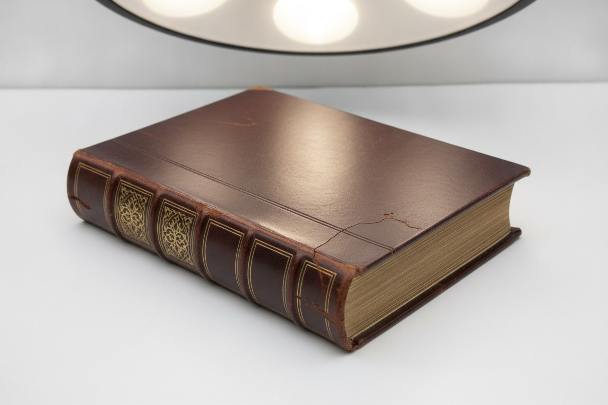 Restore edilmiş antika kitap — yenilenmiş cilt ve altın varak